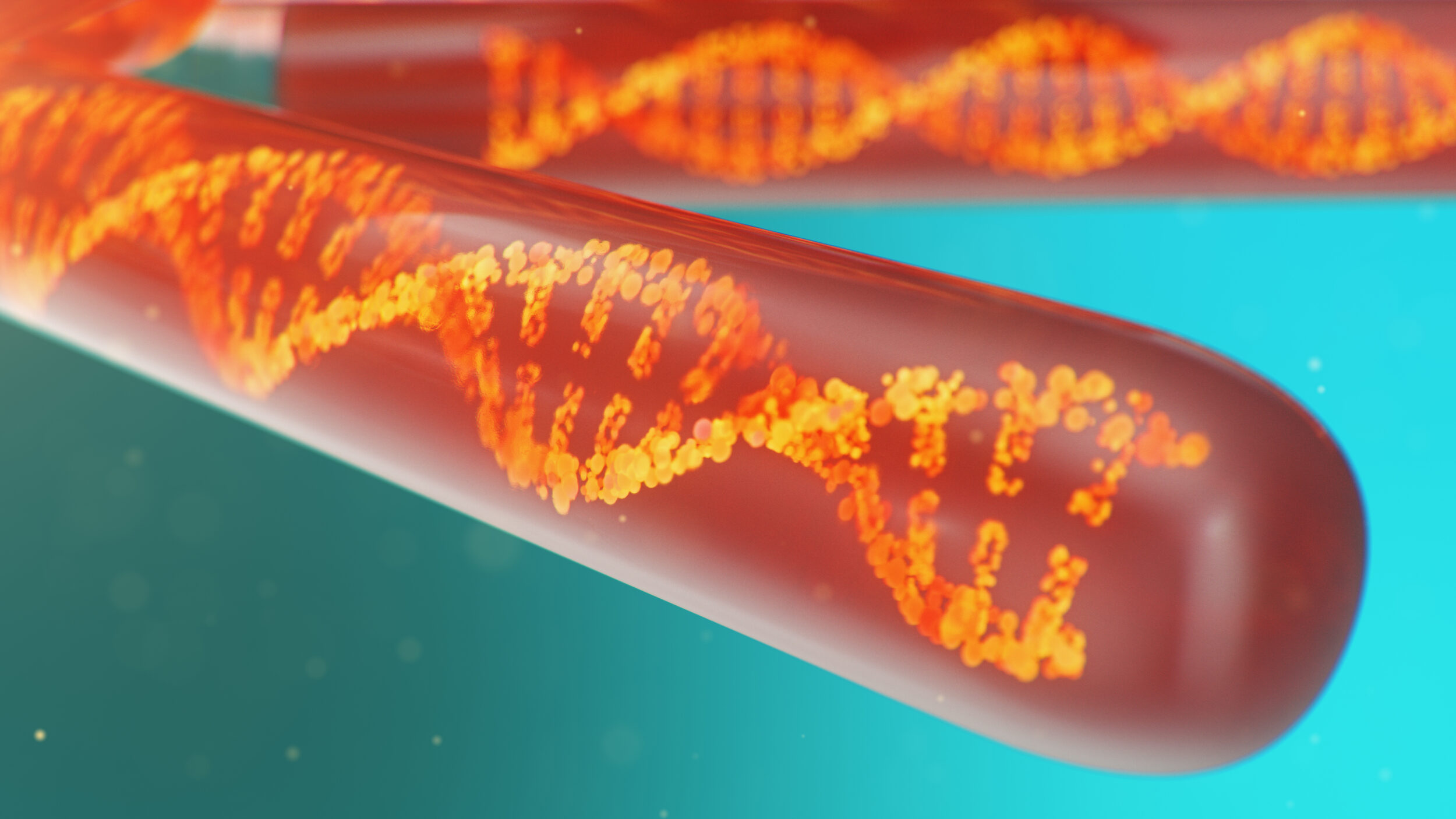 DNA molecule, its structure. Concept human genome. DNA molecule with modified genes. Conceptual illustration of a dna molecule inside a glass test tube with liquid. Medical equipment, 3D illustration